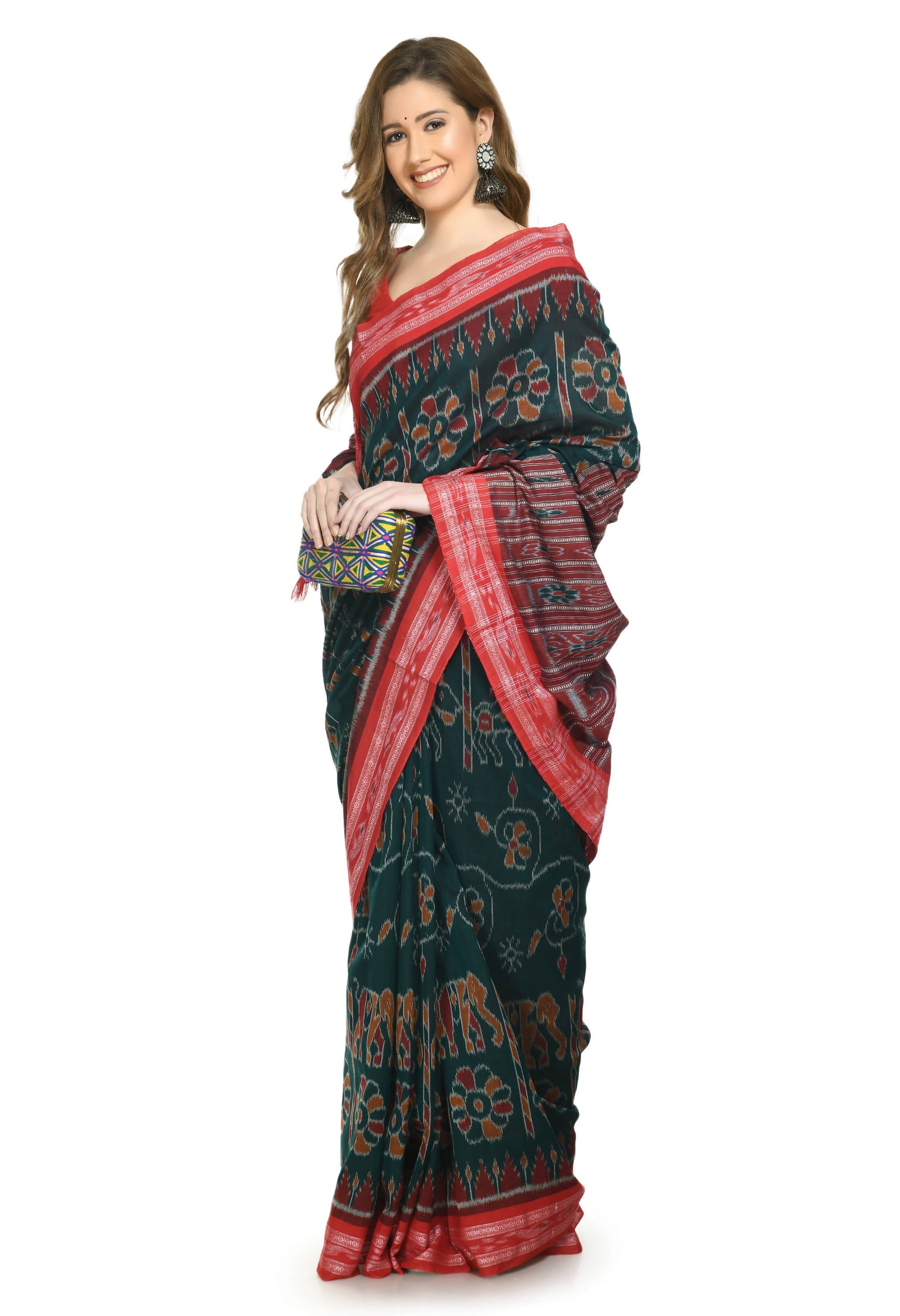 Vamika Sambalpuri Ikat Cotton Dehabandha Green & Red Saree