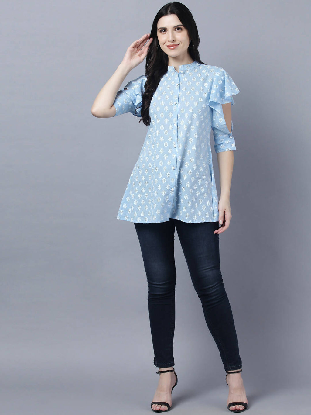 Myshka Stylish Blue Cotton Half Sleeve Women's Top