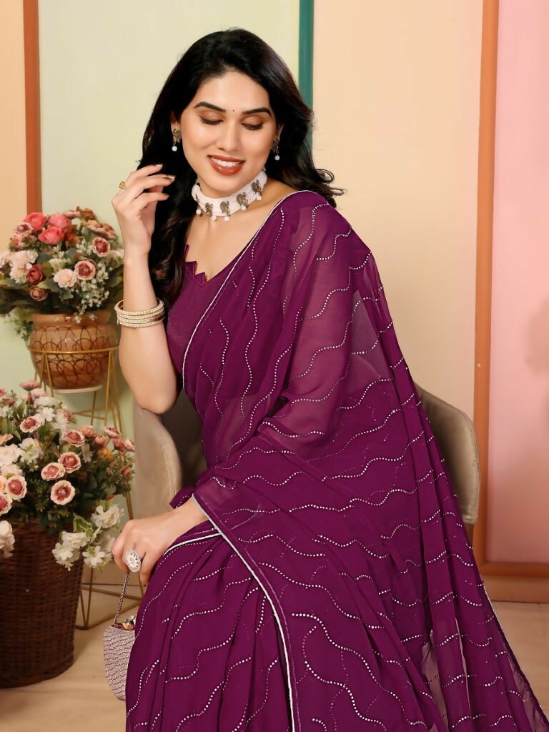 Aafreen Partywear Designer Wine Georgette Fancy Saree