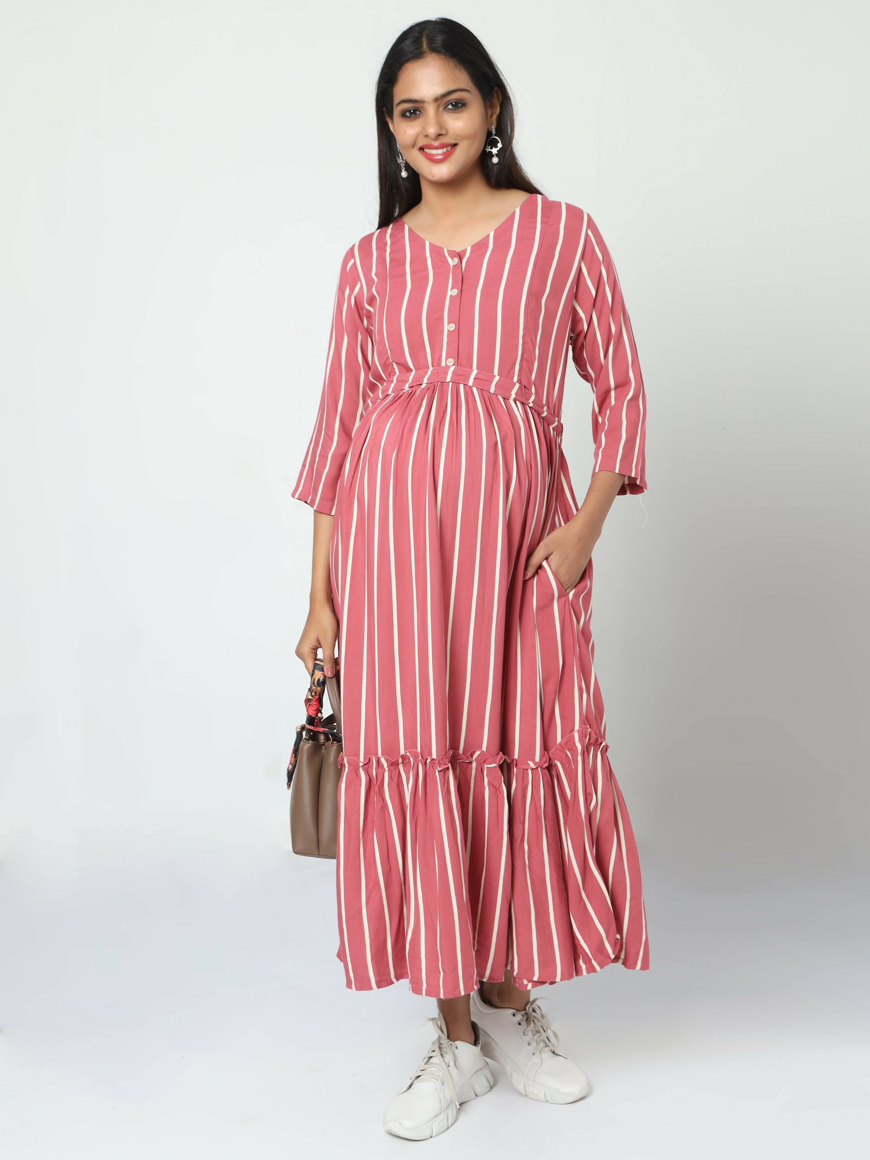 Manet Three Fourth Maternity Dress Striped With Concealed Zipper Nursing Access - Pink