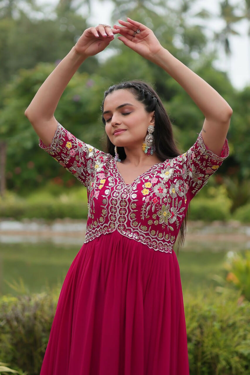Vastranavya Faux Blooming with Embroidery Zari Sequins-work Gown - Pink