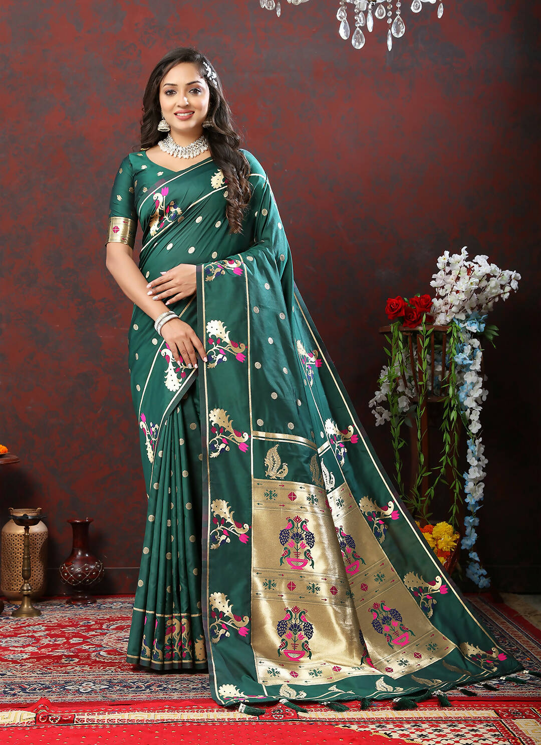 Lorenvalley Fashion Green Soft Paithani Silk Woven Design Gold Zari Meenakari Weaving Saree
