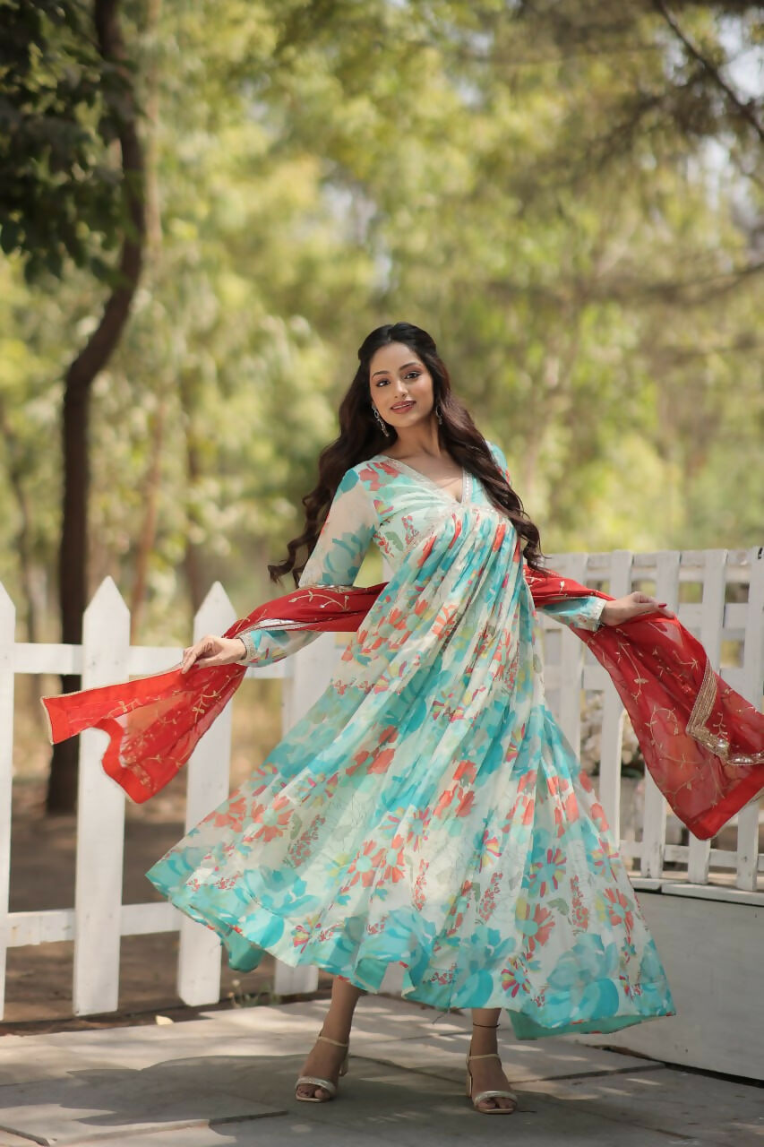 Vastranavya Digital Printed Russian silk & Stitch Canvas Patta Gown with Dupatta - Sky Blue