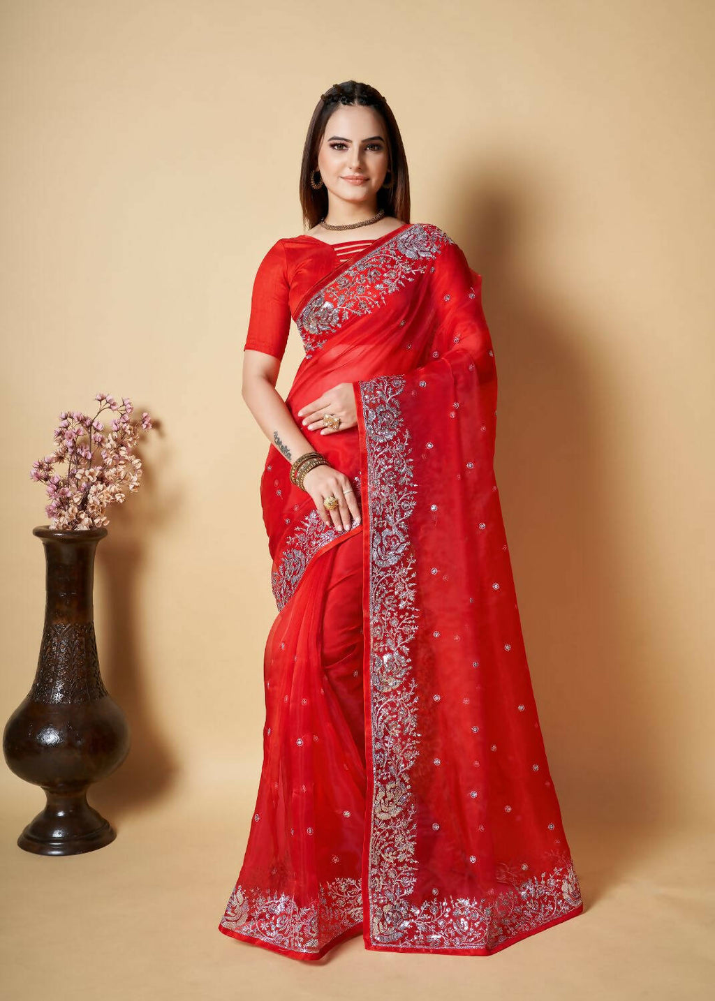 Vamsee Red Organza Saree