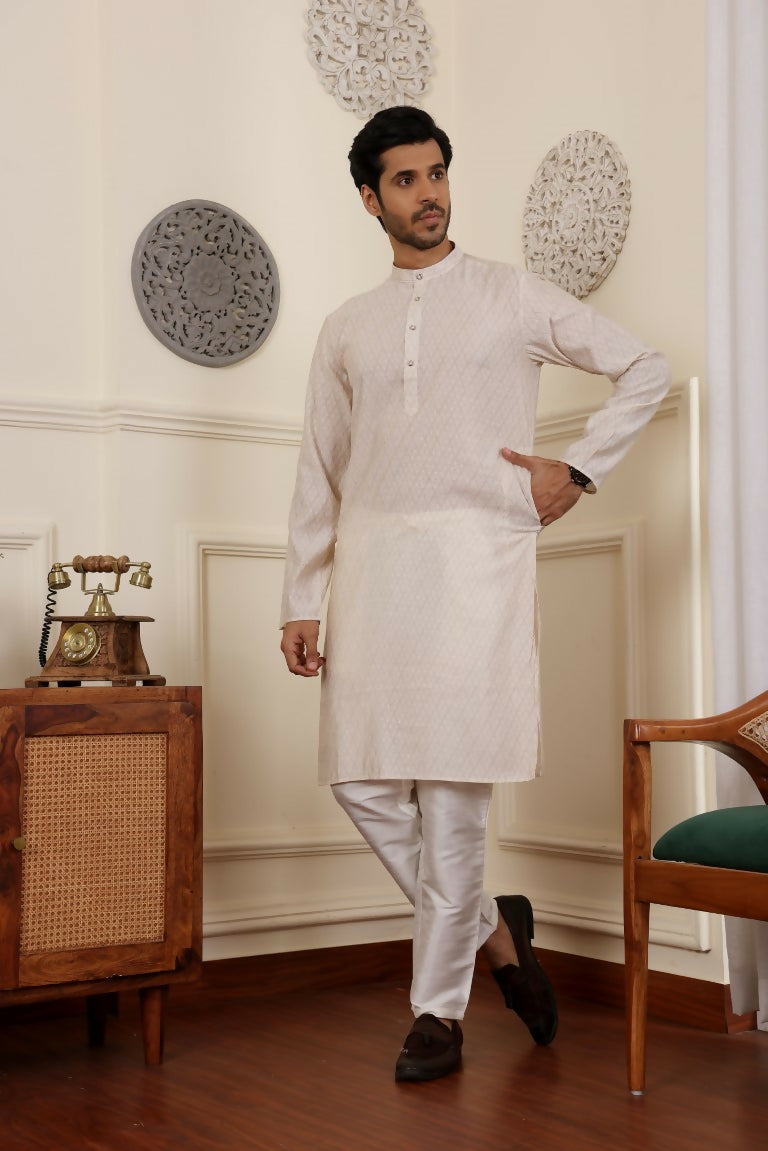 White Modal Silk Woven Designer Men's Rajwadi Kurta Set - Mahotsav