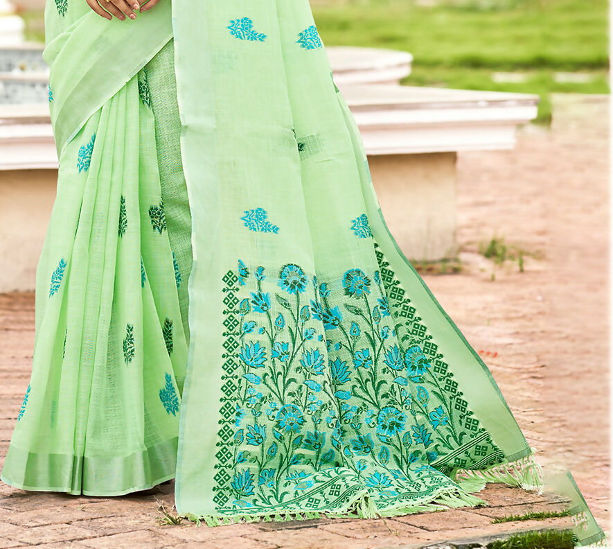 Sangam Prints Parrot Green Linen Woven Work Traditional Saree