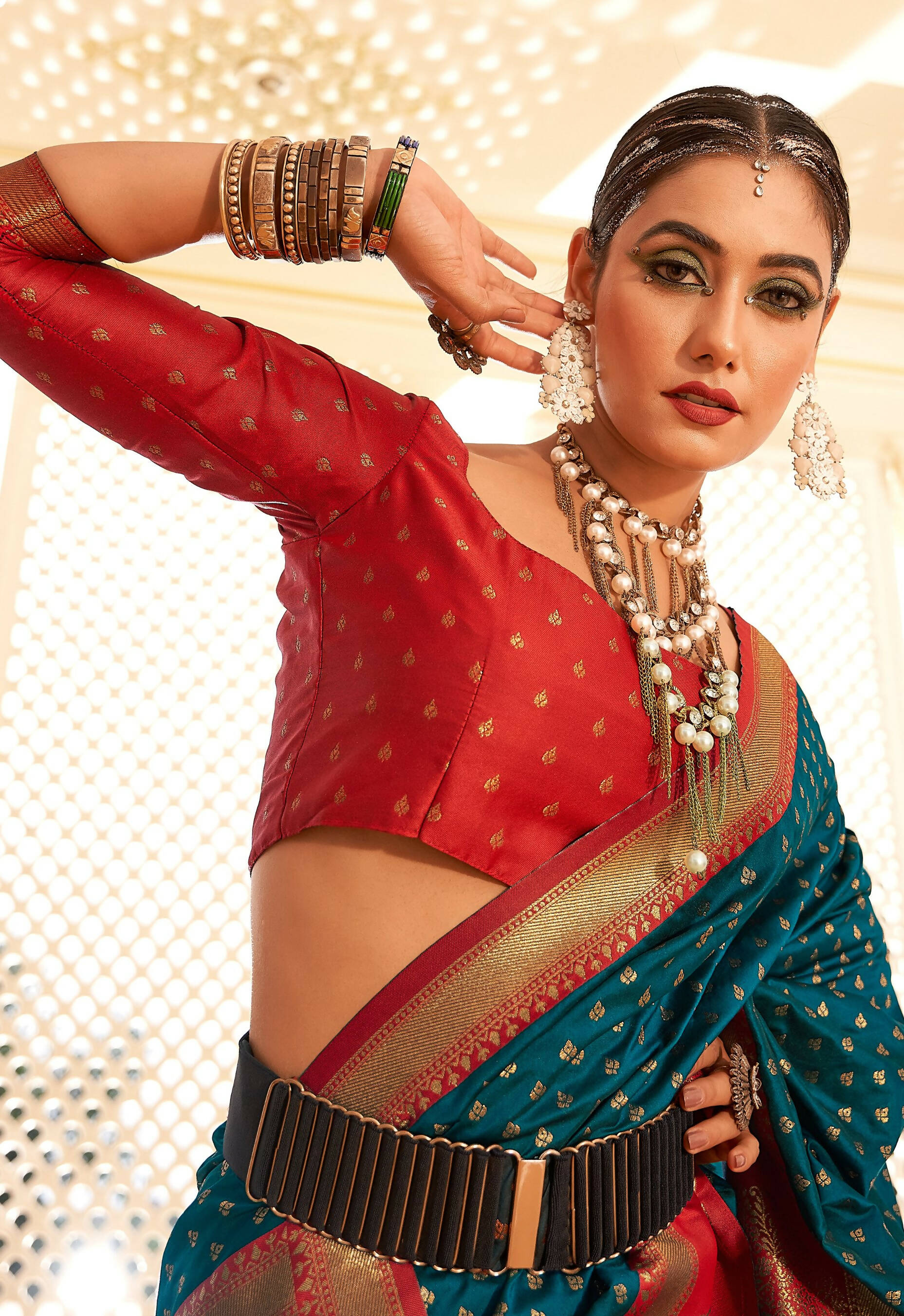 Teal Soft Banarasi Paithani Copper Zari Weaving Saree With Unstitched Blouse Piece - Jodha