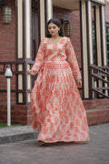 Jyoti Fashion Women's Peach Heavy Digital Printed Pure Chanderi Anarkali Dress