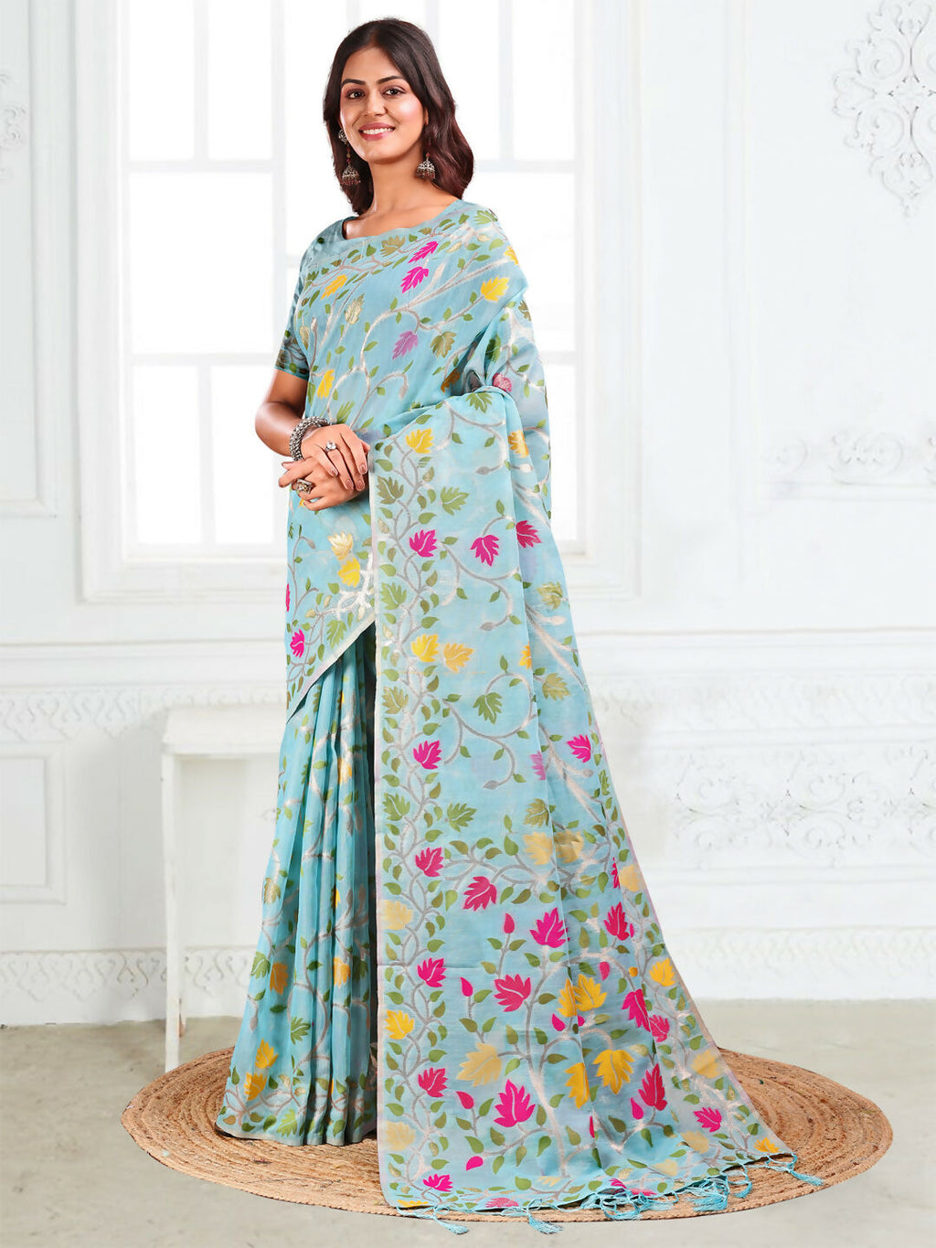 Shree Shyam Fashion Linen Cotton Sky Blue Saree