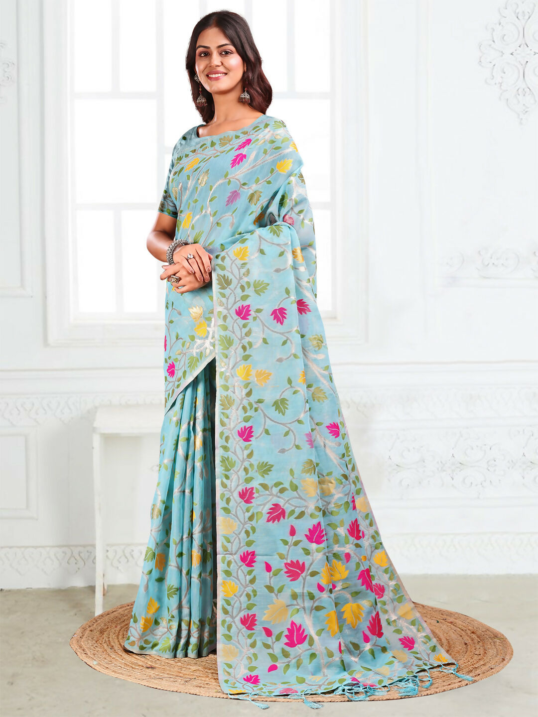 Shree Shyam Fashion Linen Cotton Sky Blue Saree
