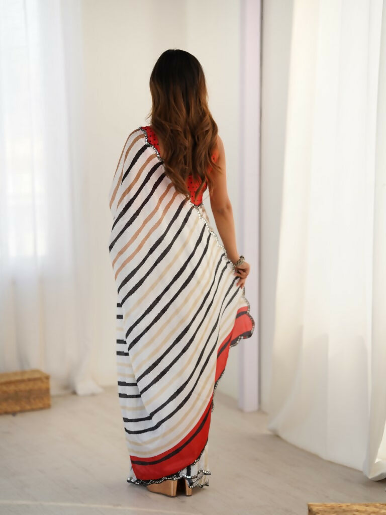 White Chinon Designer Digital Printed,Mirror Cut Work Saree - Sohni