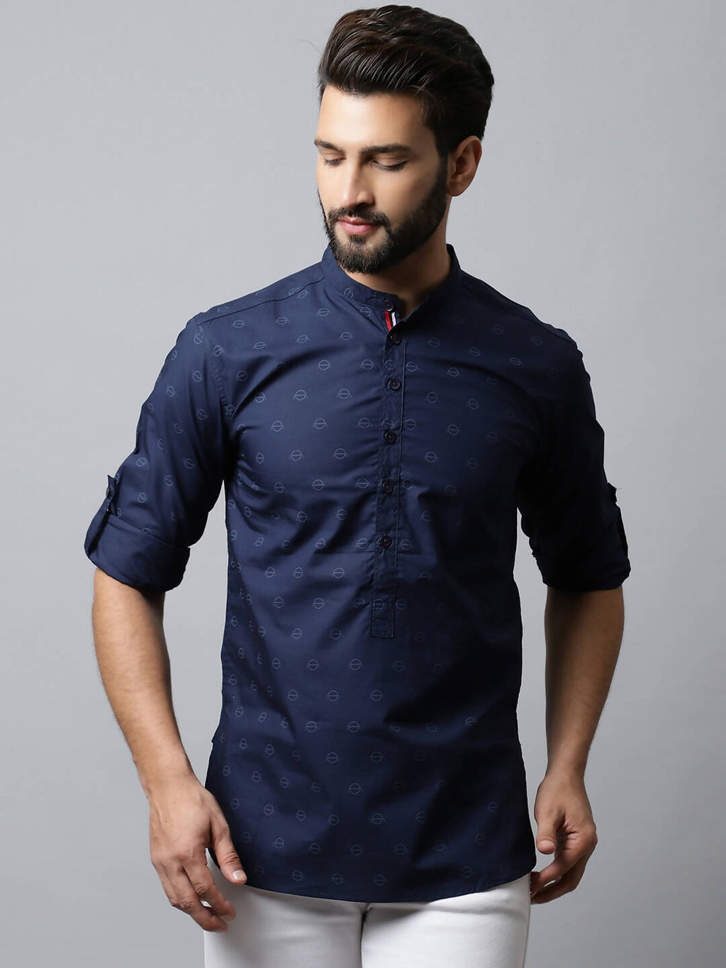 Even Apparels Navy blue Color Pure Cotton Men's Kurta With Band Collar (PRT1184)
