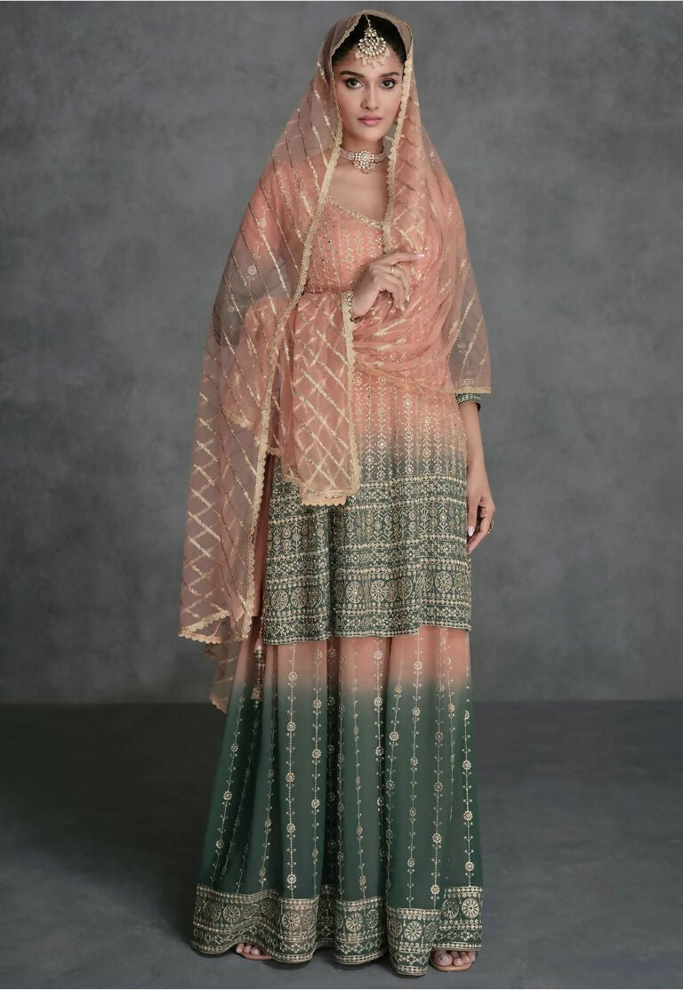 Vastranavya Peach Embroidered Sequins Pakistani Palazzo Suit Party Wear