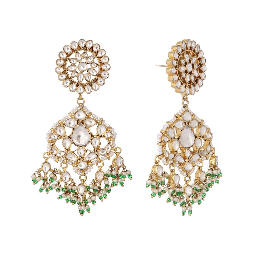Nuyug 22K Gold Plated Traditional Kundan Studded Contemporary Dangler Earrings with Pearl and Green Bead Accents