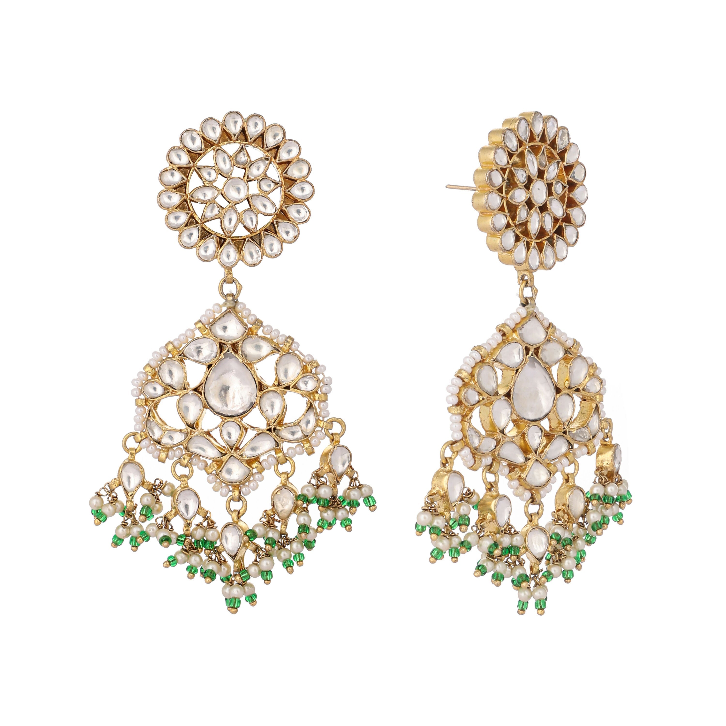 Nuyug 22K Gold Plated Traditional Kundan Studded Contemporary Dangler Earrings with Pearl and Green Bead Accents