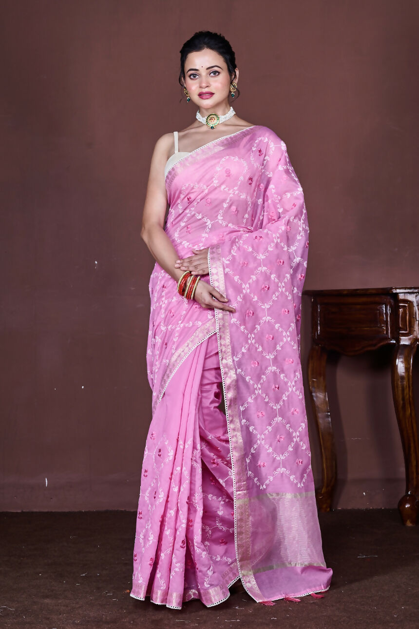 Morchari Pink Cotton Chanderi Embroidery Saree Unstitched Blouse