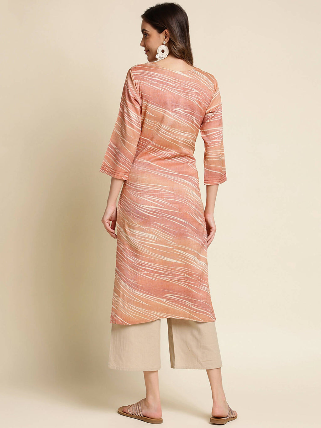 Peach Poly Rayon Stripe Printed Straight Fit Kurta - Prasuti