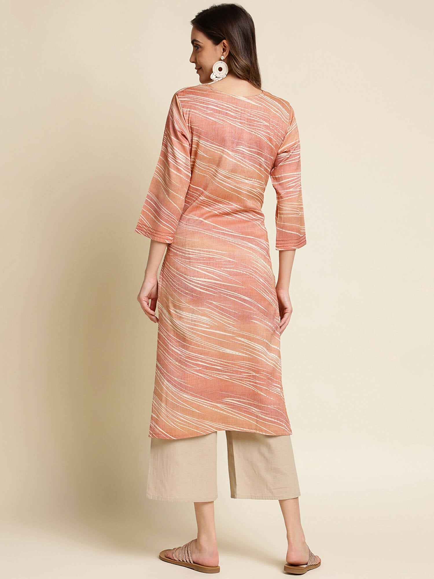 Peach Poly Rayon Stripe Printed Straight Fit Kurta - Prasuti