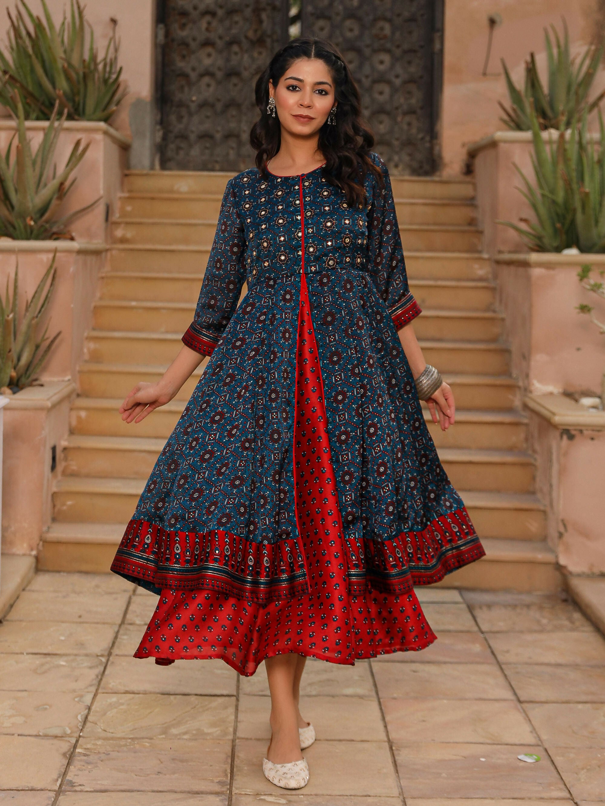 Juniper Women's The Chitrahar Blue Ethnic Motif Printed Cotton Dress With Mirror Work