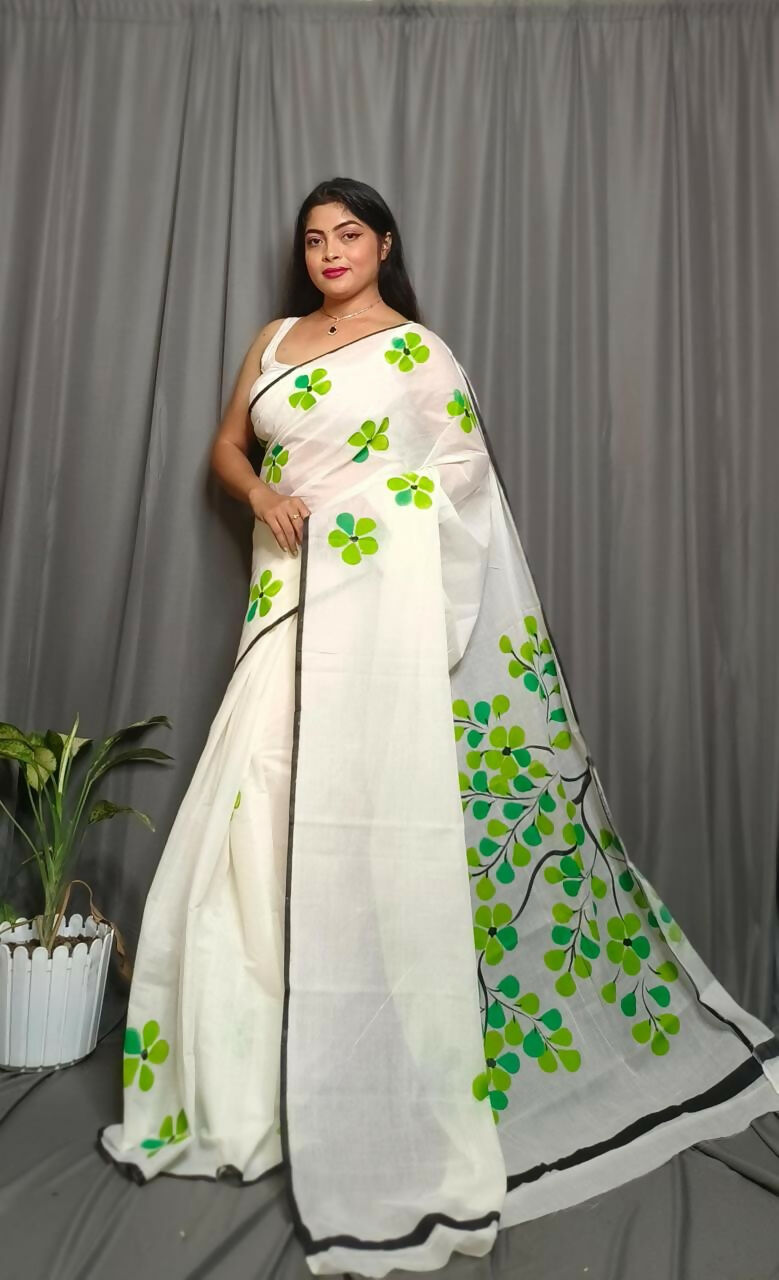 Exclusive Collection Beautiful White Light Green Pure Cotton Hand Print Handloom Saree With Running Blouse Piece