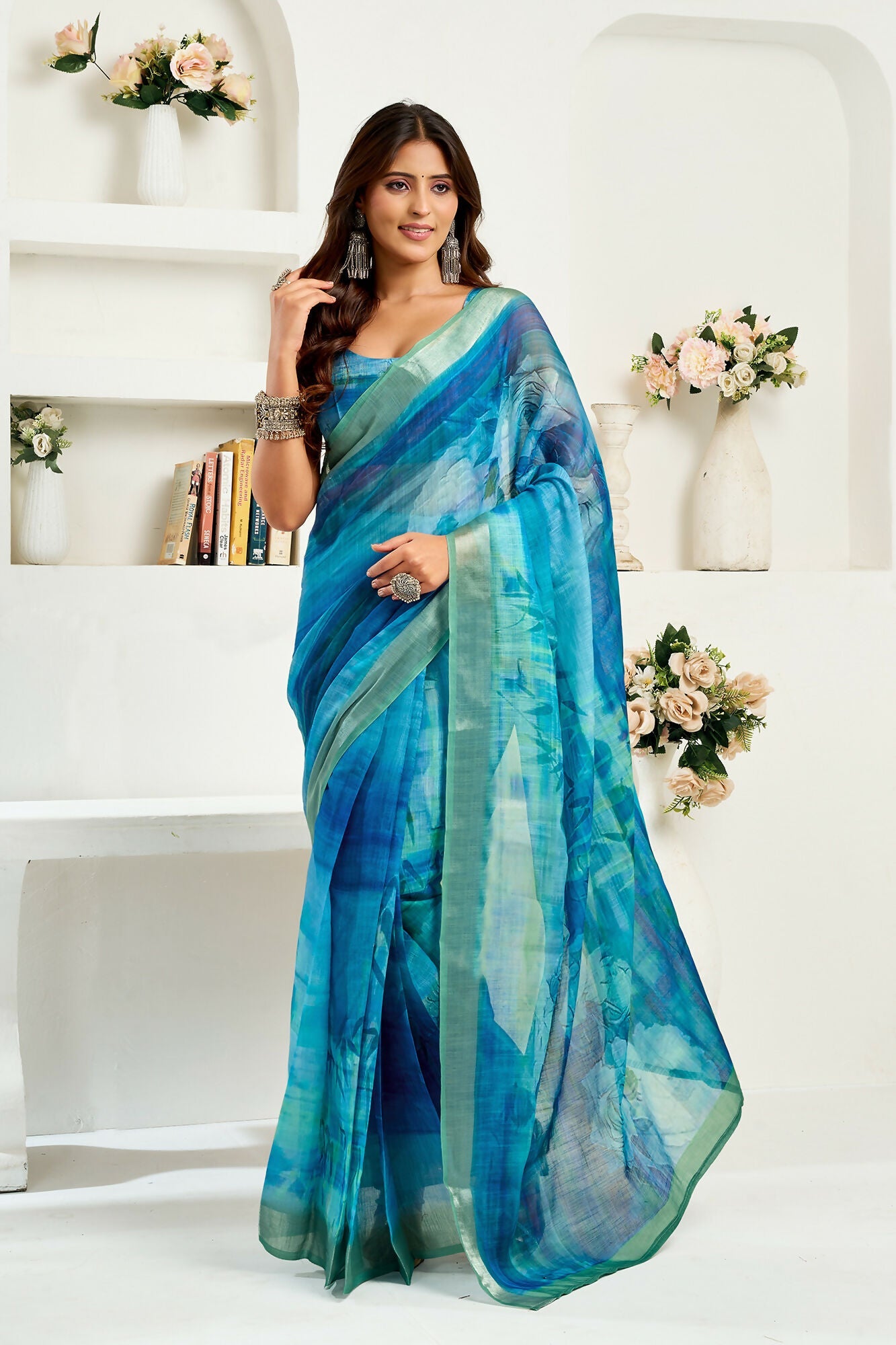 Vastranavya Aqua Blue Digital Printed Linen Ready To Wear Designer Saree with Unstitched Blouse