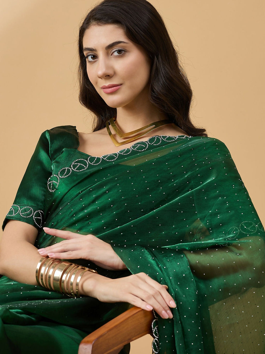 Green Organza Swaroski Diamond Work Saree with Unstitched Blouse - Radha