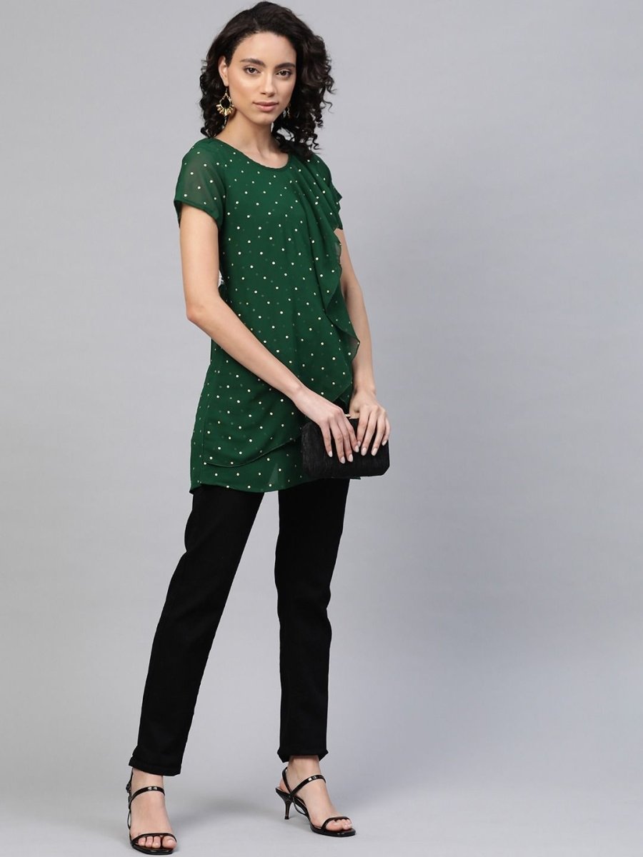 Ahalyaa Women Green Georgette Golden Polka Dots Print Layered Tunic