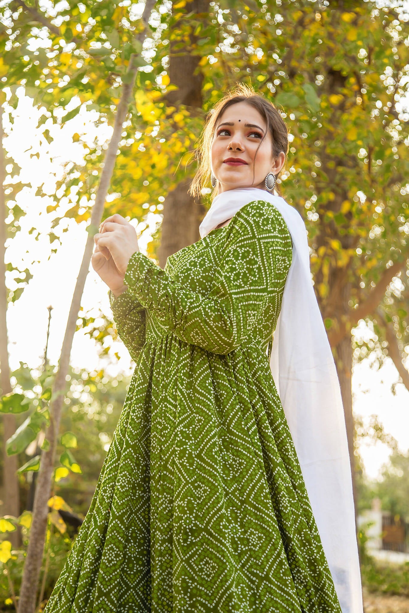 Green Pure Maslin Bandhej Print Work Stitched Suit With Dupatta - Anbazaar