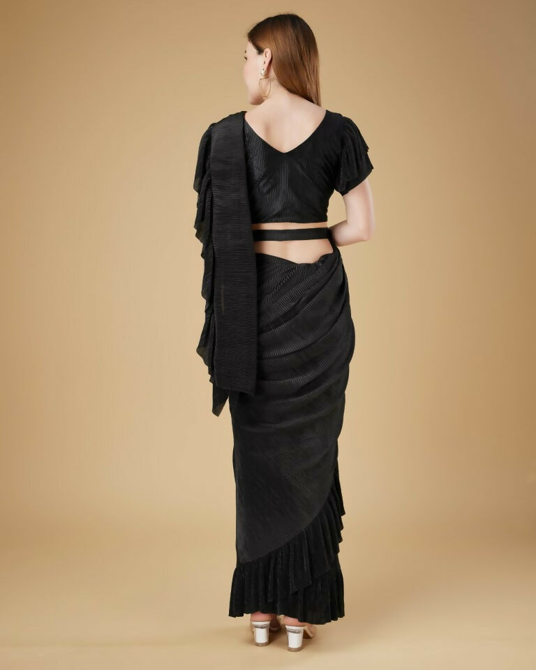 Black Imported Crush Solid Ready to Wear Saree with stitched Blouse - Aayan