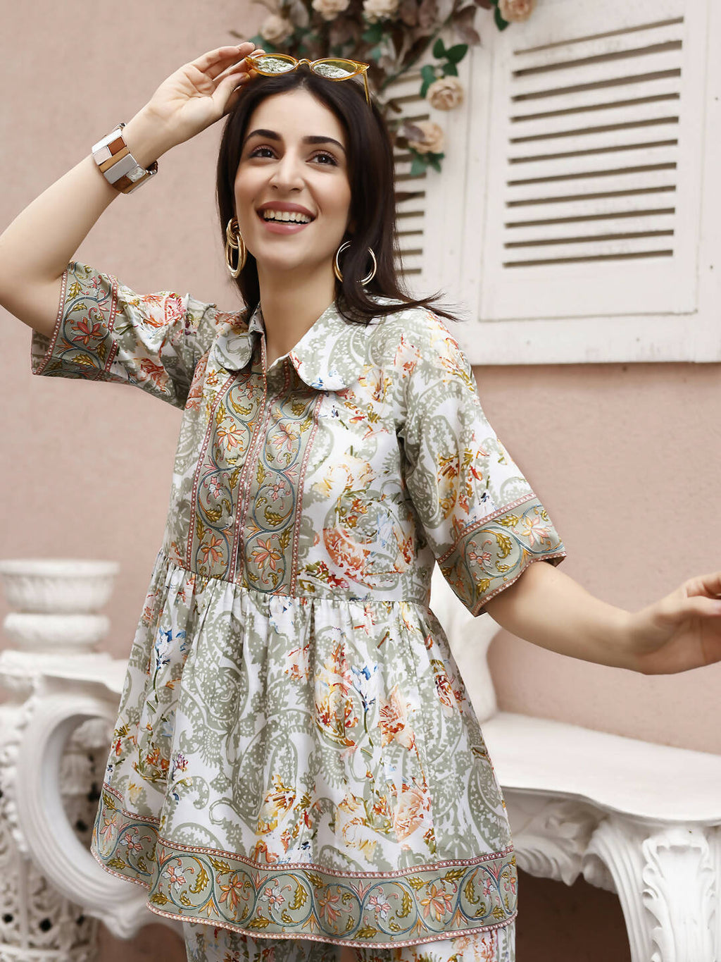 Off White Rayon Paisley Printed Top with Matching Bottom - Eesha