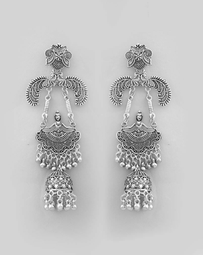 VOJ Silver Plated Oxidized Dancing Drop Earrings