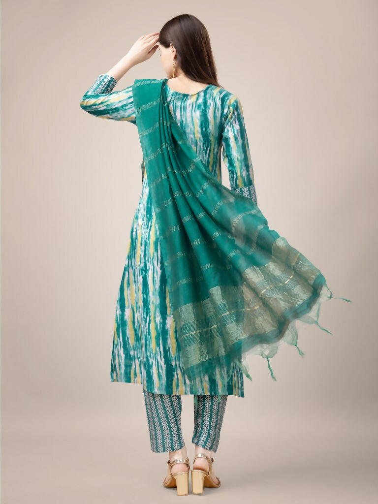 Jyoti Fashion Women's Teal Rayon Print with Embroidery & Fancy Lace Work Kurta with Trouser & Dupatta