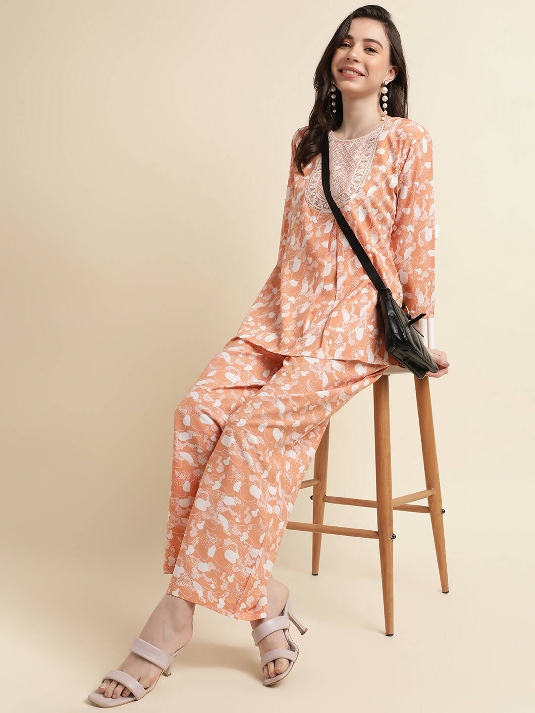 Orange Poly Crepe Digital Printed Top with Matching Bottom - Preeti