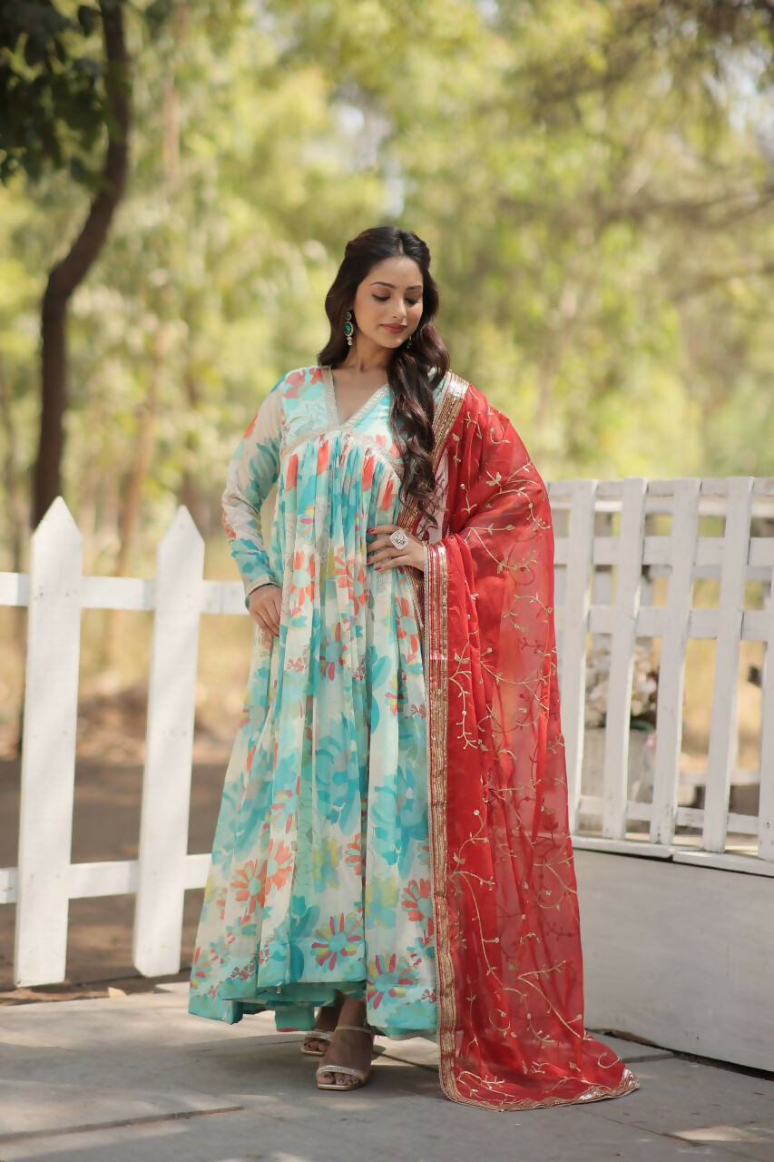 Vastranavya Digital Printed Russian silk & Stitch Canvas Patta Gown with Dupatta - Sky Blue