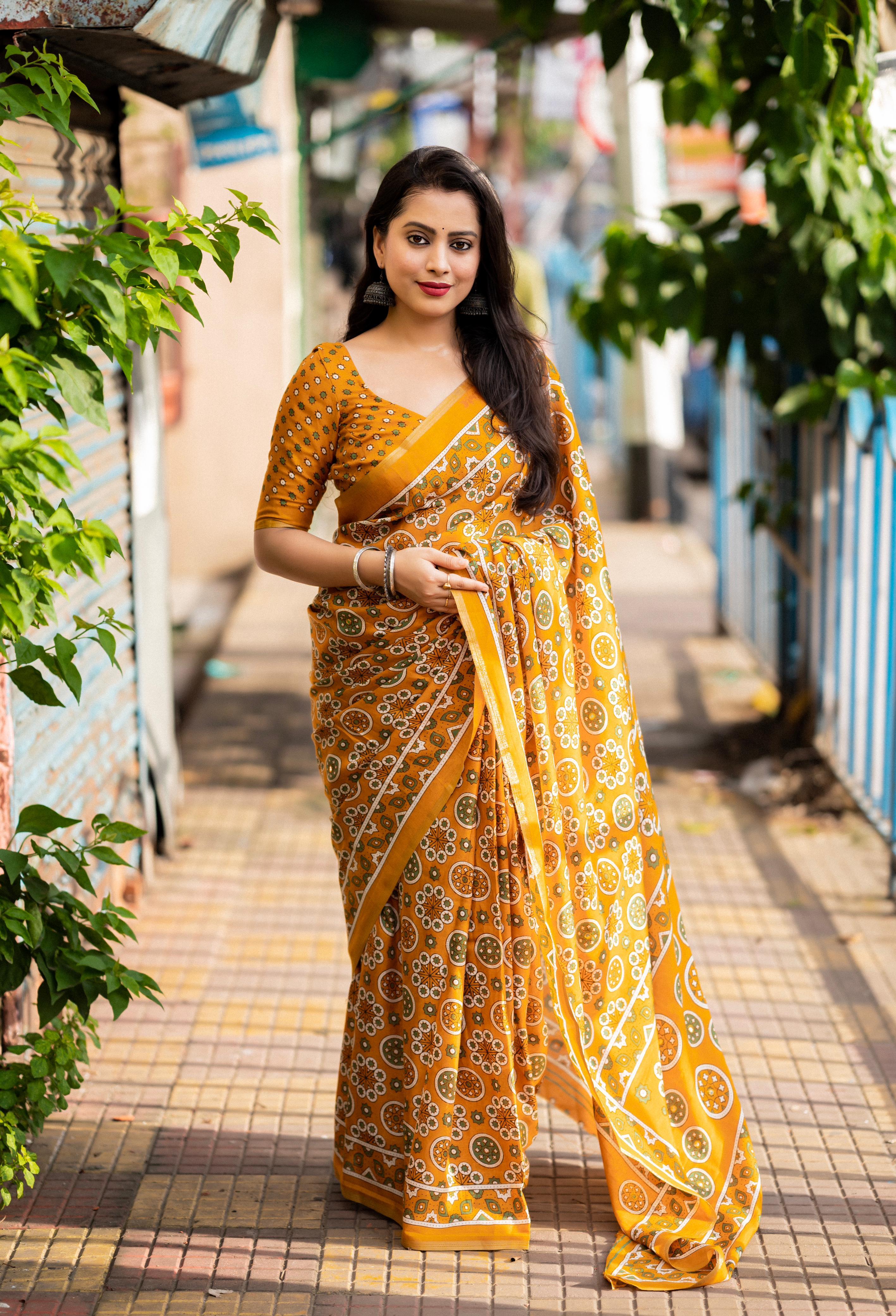 Mustard Cotton Blend Ajrak Saree with Unstitched Blouse - Hiral Fashion