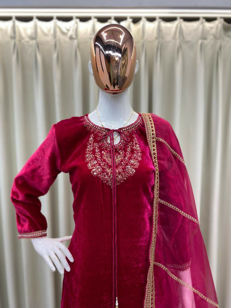Vastranavya Pink Velvet Sequence Embroidery Work Kurta & Bottom With Dupatta