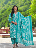Juniper Women's Rama Green Floral Printed Cotton Kurta Pant With Dupatta Set With Mirror Work & Zari Work