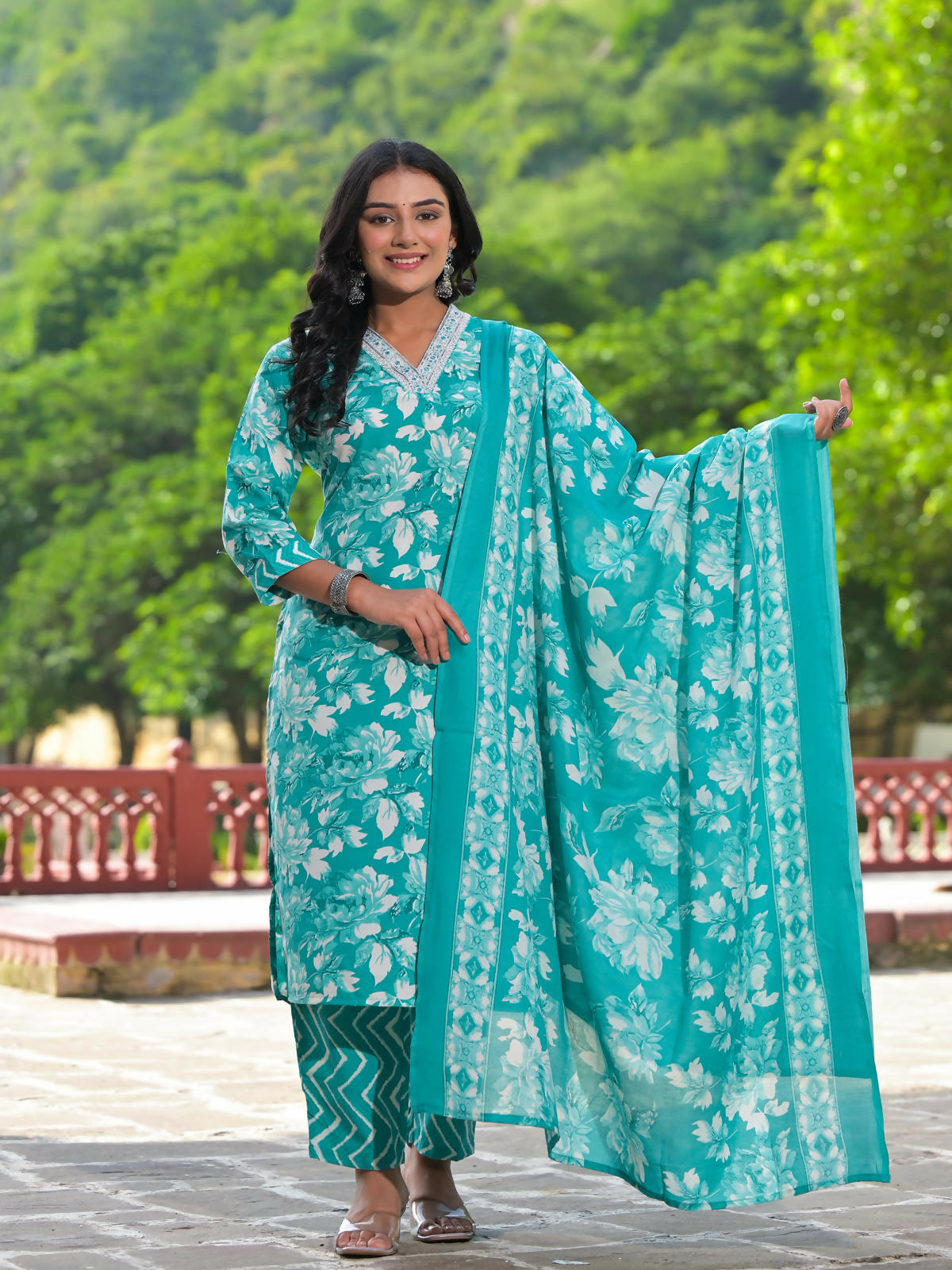 Juniper Women's Rama Green Floral Printed Cotton Kurta Pant With Dupatta Set With Mirror Work & Zari Work