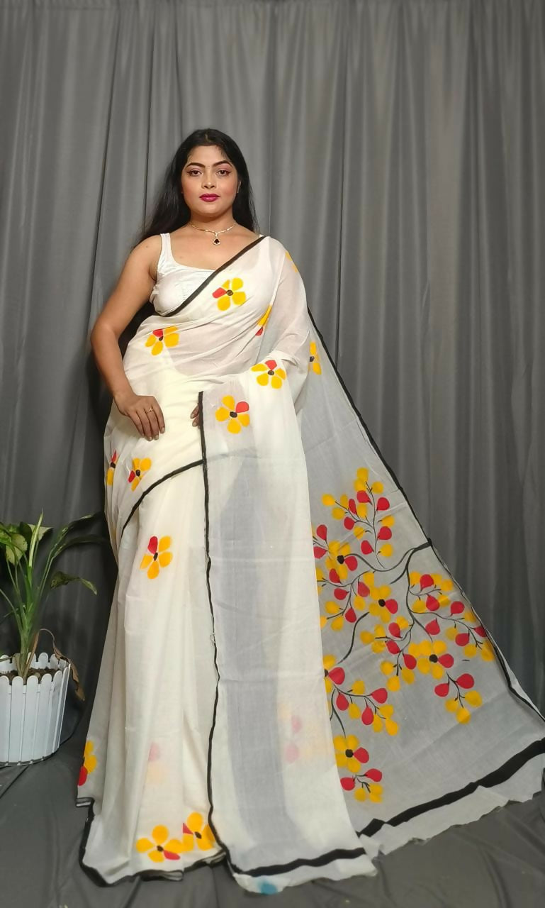 Exclusive Collection Beautiful White Yellow Pure Cotton Hand Print Handloom Saree With Running Blouse Piece