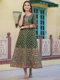 Juniper Women Olive Chanderi Printed Maxi Dress with Embroidered Yoke