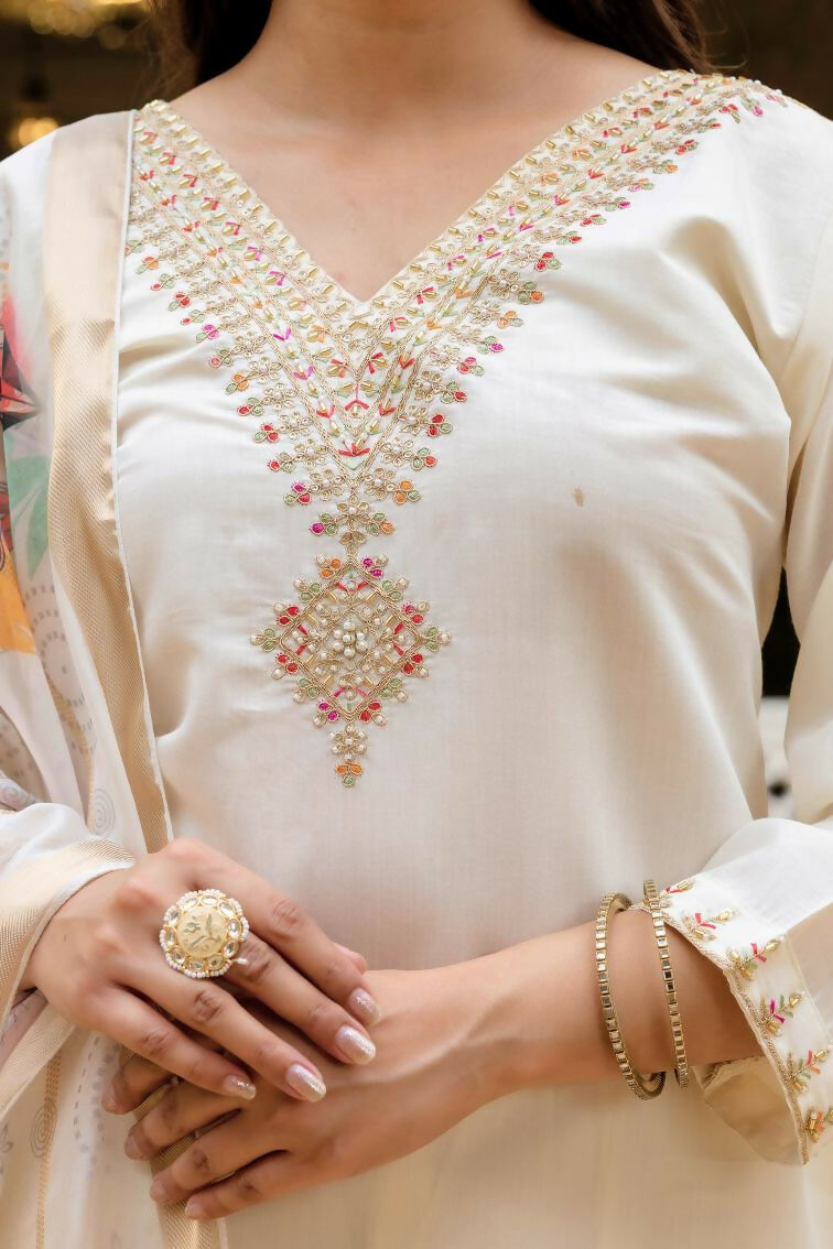 The52 White Women's Beautiful Viscose Chanderi Fabric Embroidered Work Straight Kurta Pant and Dupatta Set