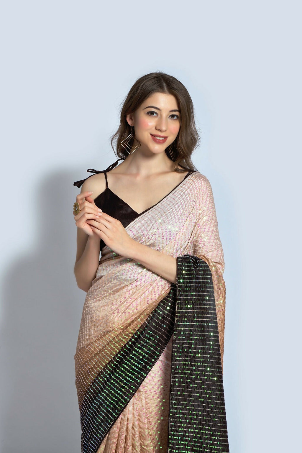 Vegaa Fashion Cream Vichitra Silk Embroidered Party Wear Saree