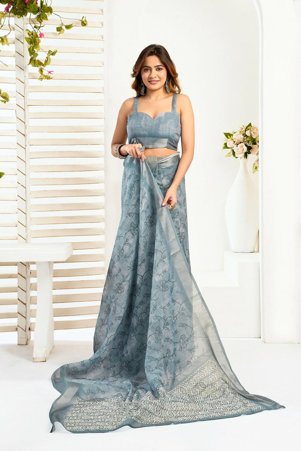 Vastranavya Sea Blue Digital Printed Linen Ready To Wear Designer Saree with Unstitched Blouse