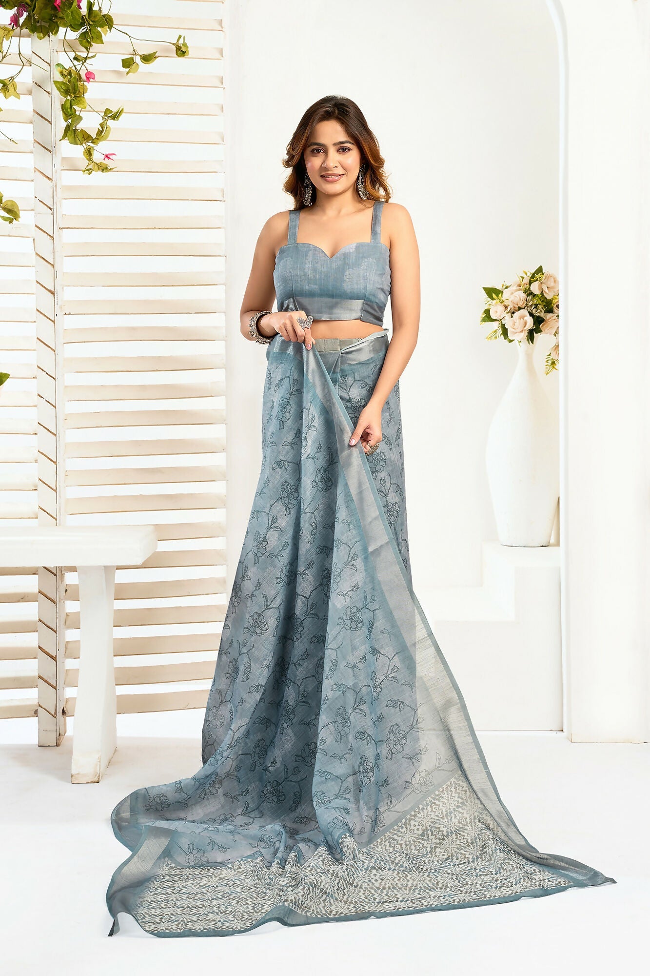 Vastranavya Sea Blue Digital Printed Linen Ready To Wear Designer Saree with Unstitched Blouse