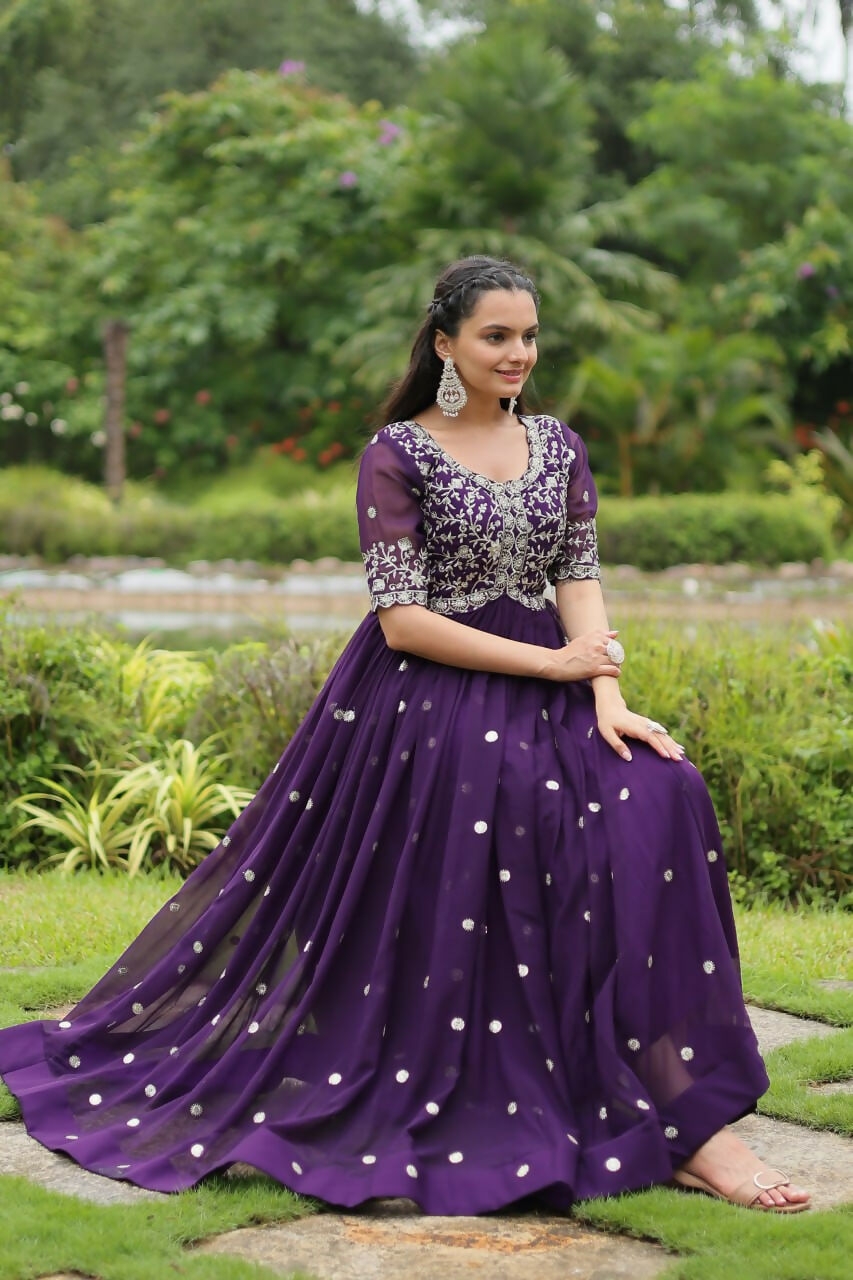 Vastranavya Premium Designer Faux Blooming with Embroidery Zari Sequins work Gown - Purple