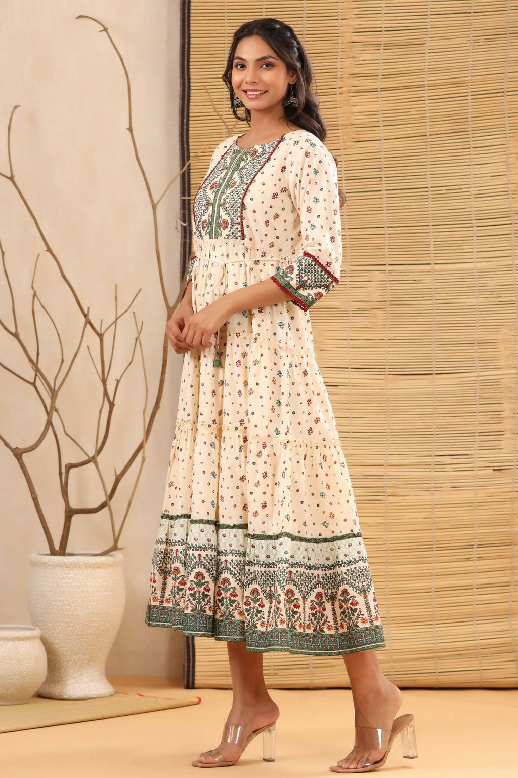 Juniper Women Ivory Cambric Printed Tiered Dress
