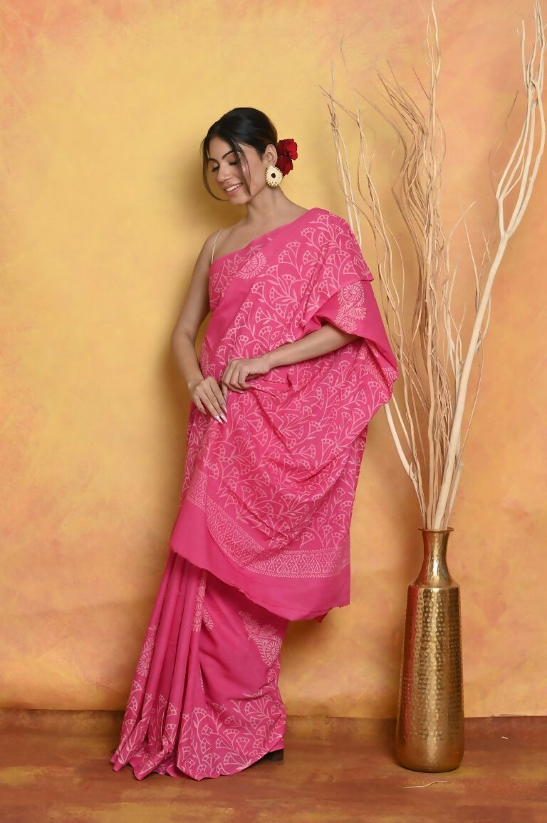 Very Much Indian Handblock Printed Cotton Saree With Natural Dyes - Pink