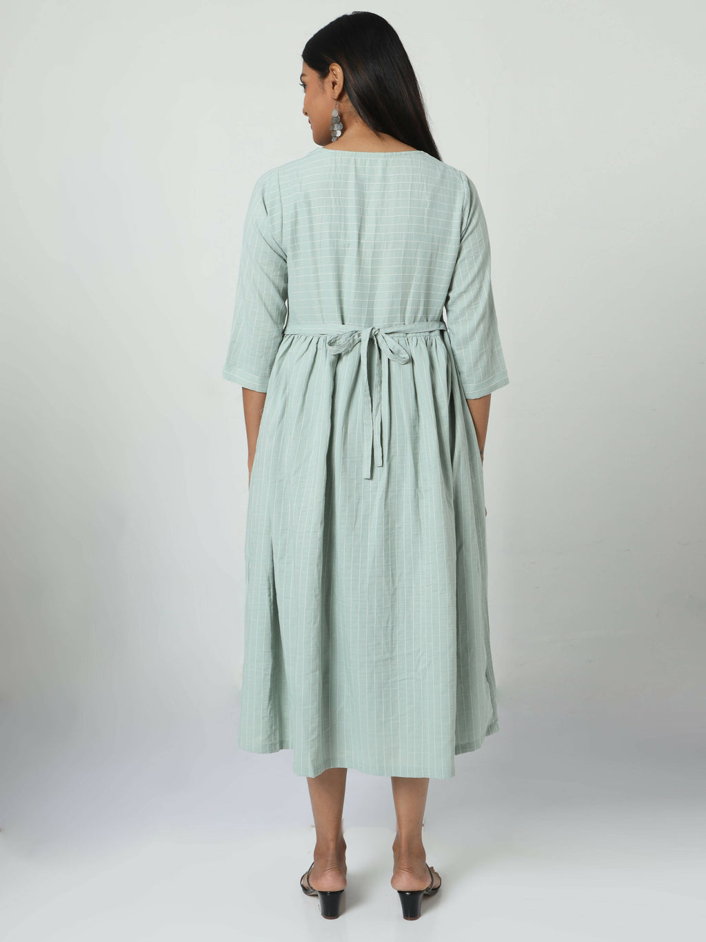 Manet Three Fourth Maternity Dress Striped With Concealed Zipper Nursing Access - Pista Green