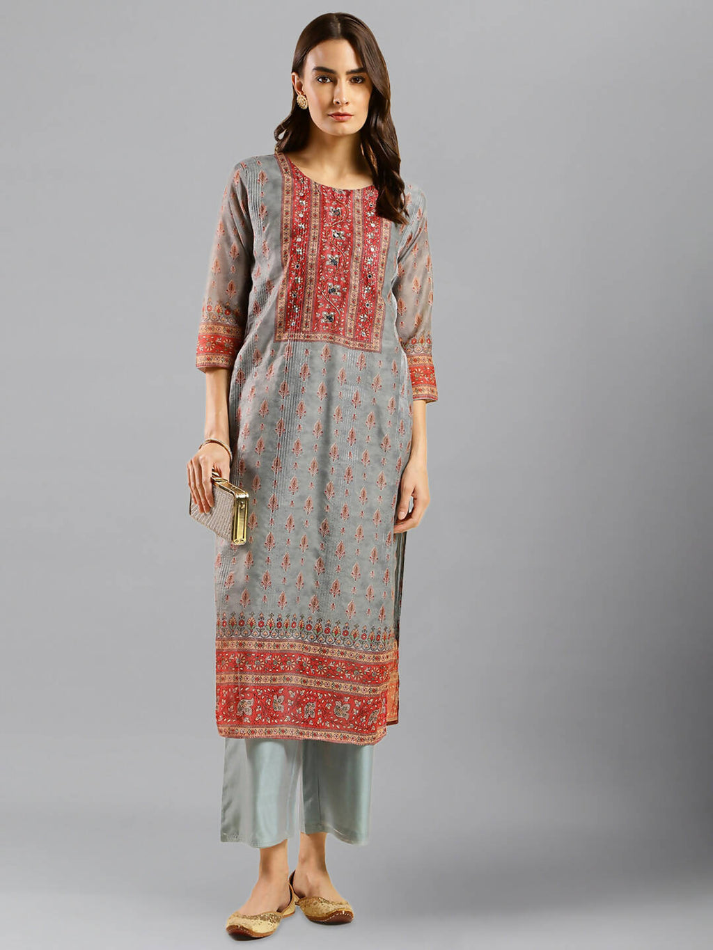 Grey Chinon Digital Printed With Hand Work Kurta - Himanshi
