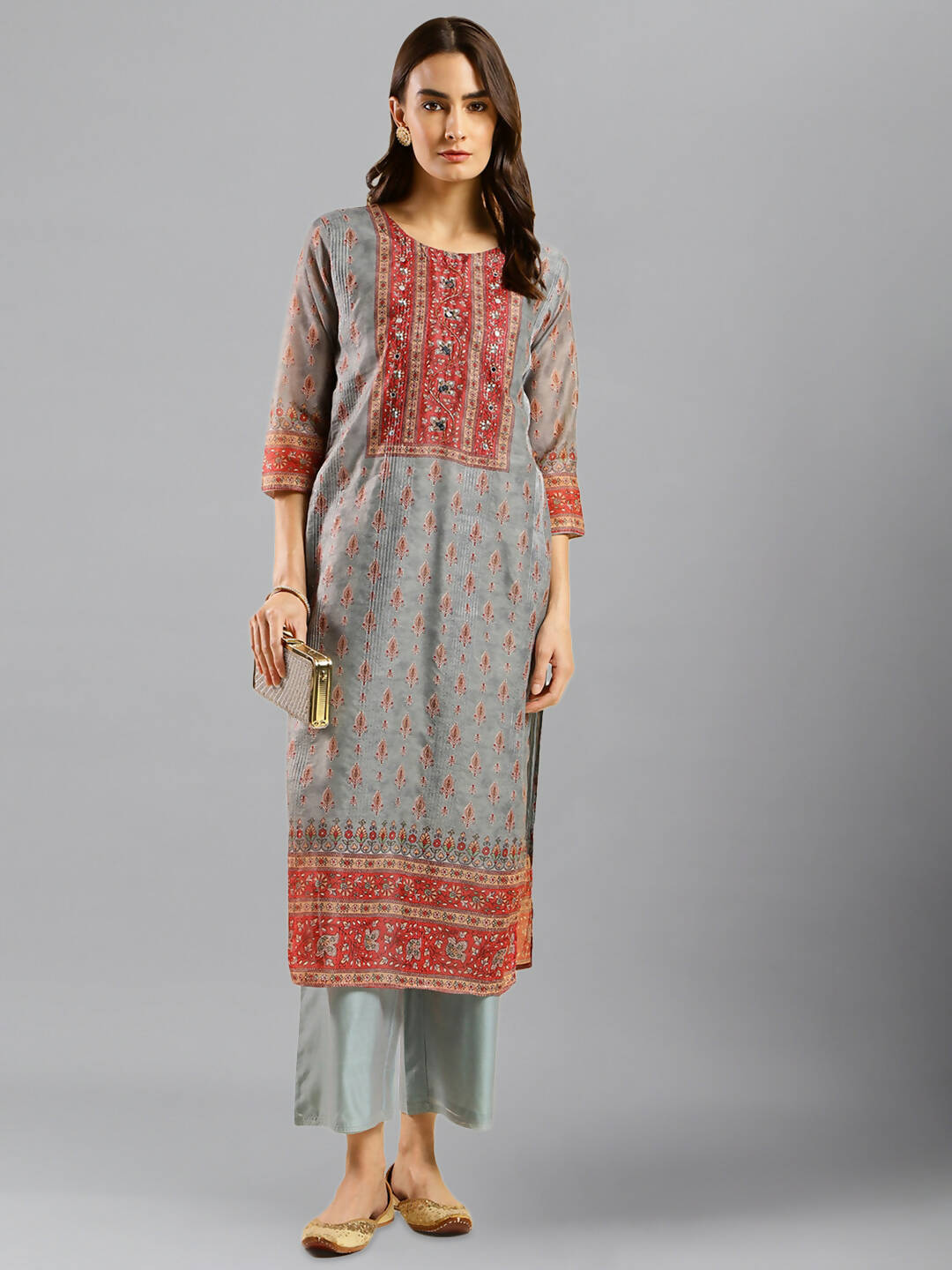 Grey Chinon Digital Printed With Hand Work Kurta - Himanshi